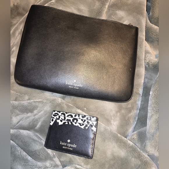 Kate Spade Large Meow Cat Zippered Pouch With Matching Card Holder